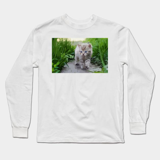 American Shorthair Kitten Digital Painting Long Sleeve T-Shirt by gktb